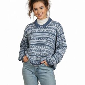 Vintage 90s Liz Wear Blue Fair Isle Crop Sweater M/L Cozy Knit Made USA